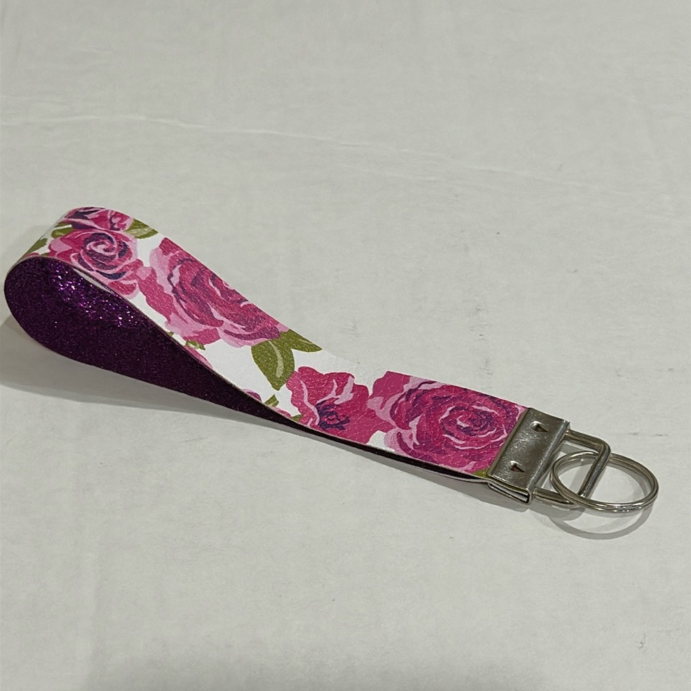 Handmade Pink Purple glittery Floral Keychain